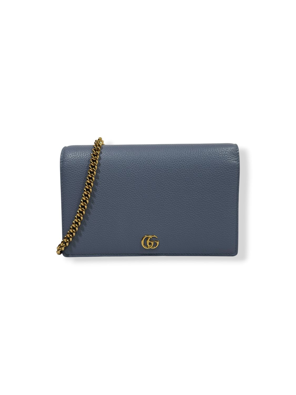 Gucci Dollar Calfskin Mini GG Marmont Chain Wallet Taupe Light Blue