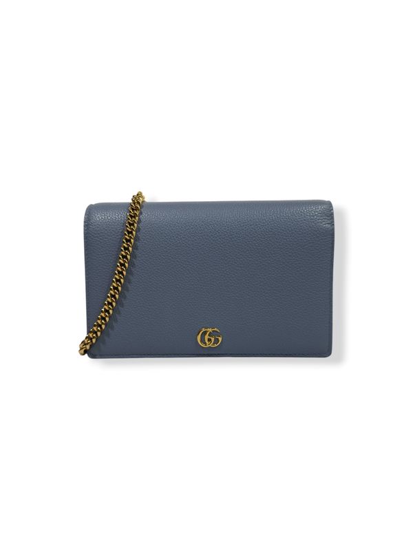 Gucci Dollar Calfskin Mini GG Marmont Chain Wallet Taupe Light Blue