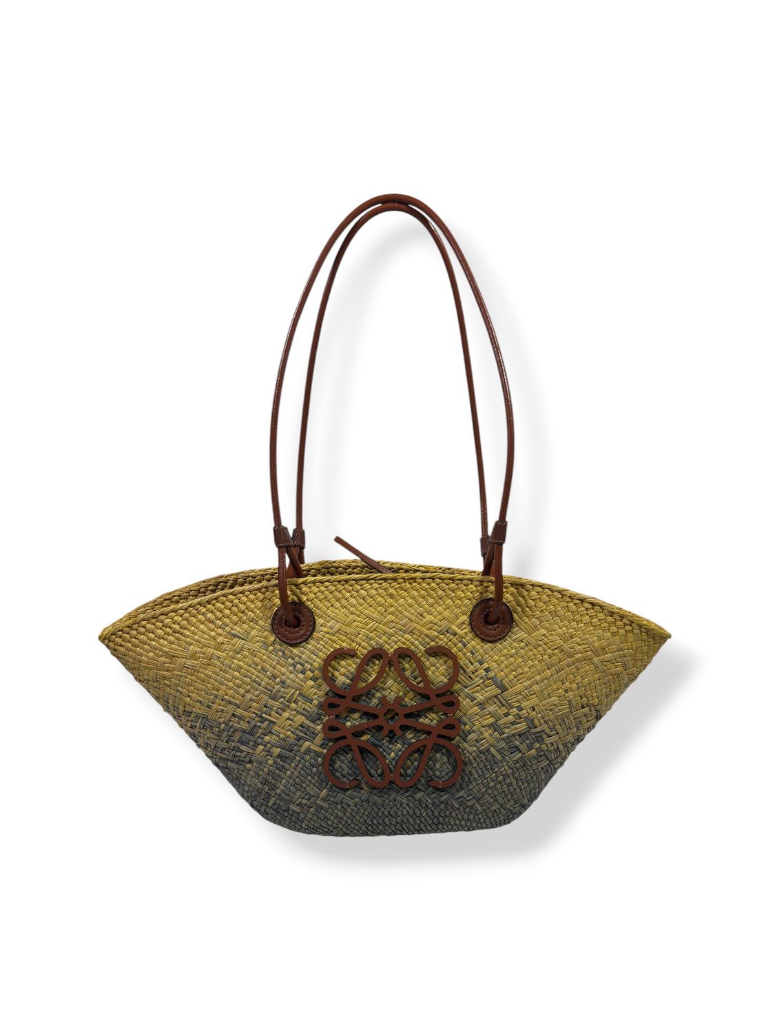 Loewe Calfskin Raffia Paulas Ibiza Small Anagram Basket Tote Yellow Green