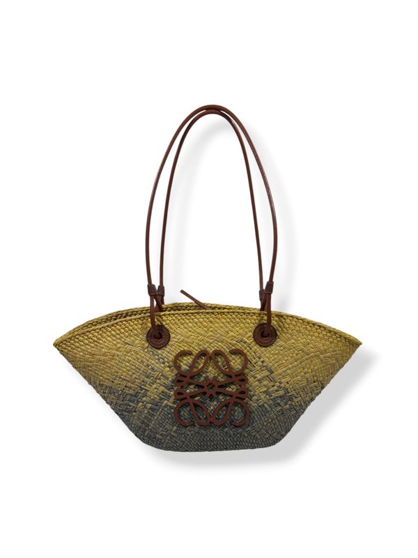 Loewe Calfskin Raffia Paulas Ibiza Small Anagram Basket Tote Yellow Green