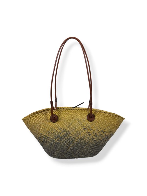 Loewe Calfskin Raffia Paulas Ibiza Small Anagram Basket Tote Yellow Green