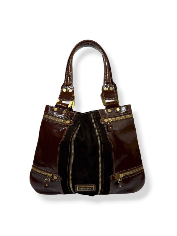 Jimmy Choo Leather Suede Mona Expandable Tote Brown