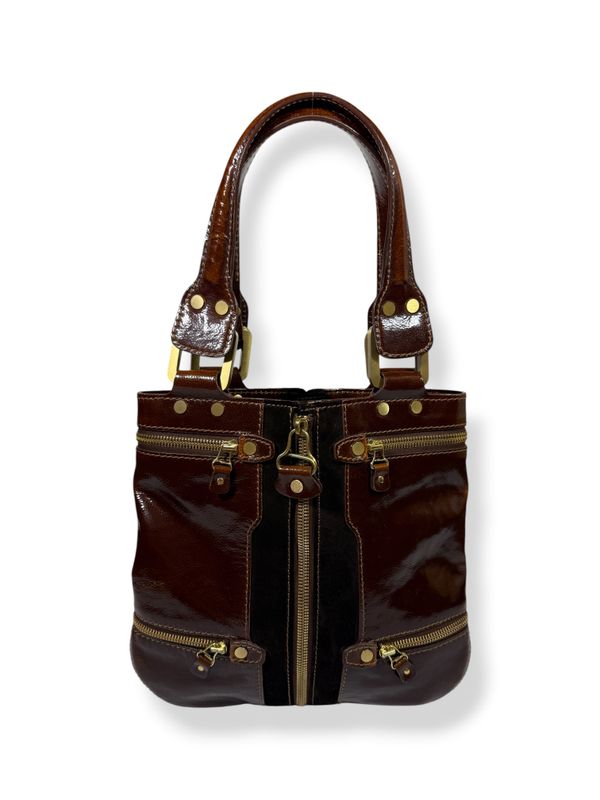 Jimmy Choo Leather Suede Mona Expandable Tote Brown