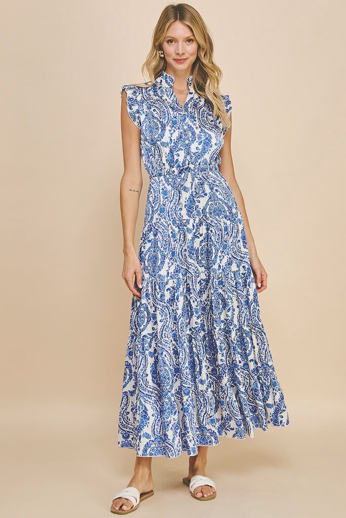 Blue Paisley Maxi Dress, Size: S