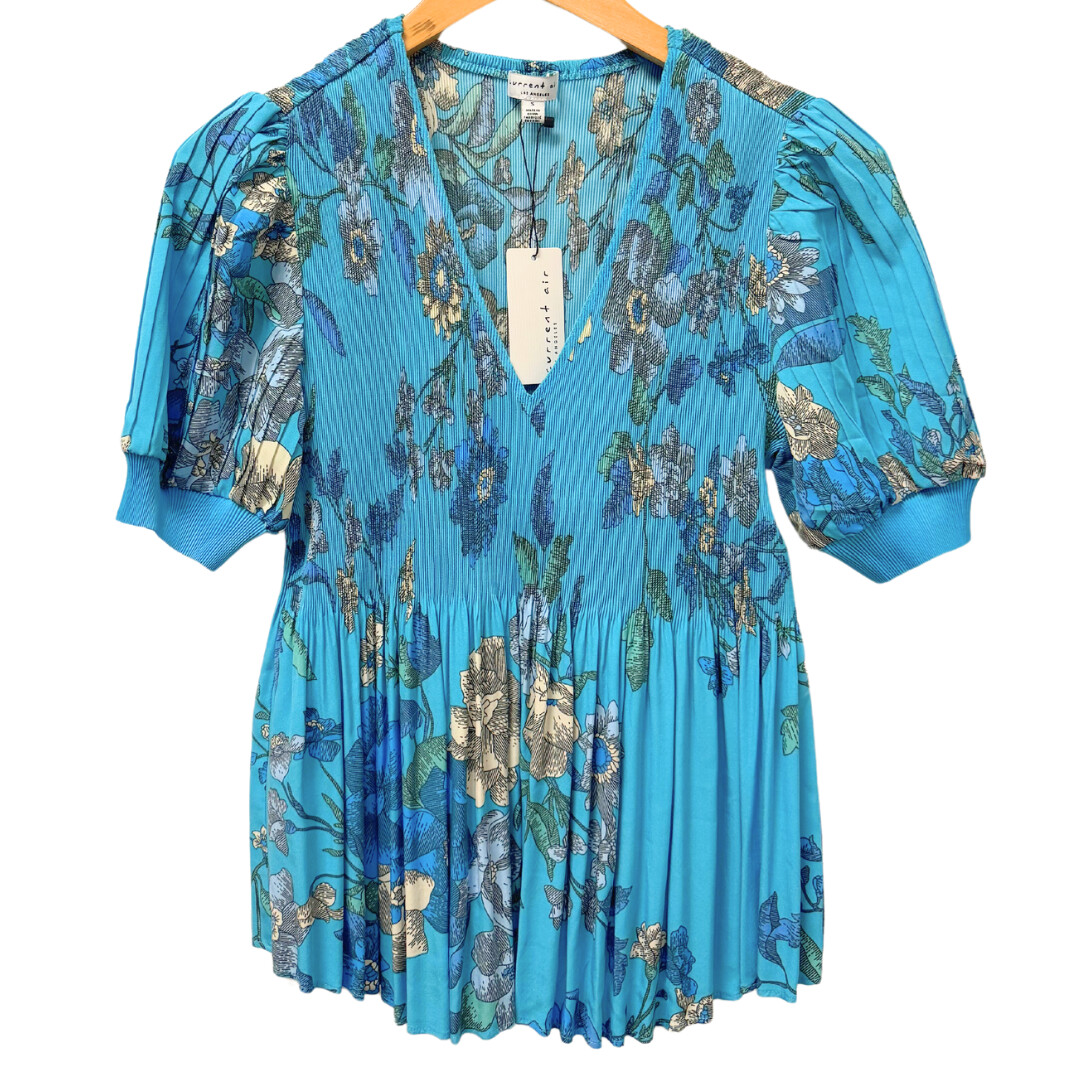 Turquoise Half Sleeve Pleated Top, Size: XS