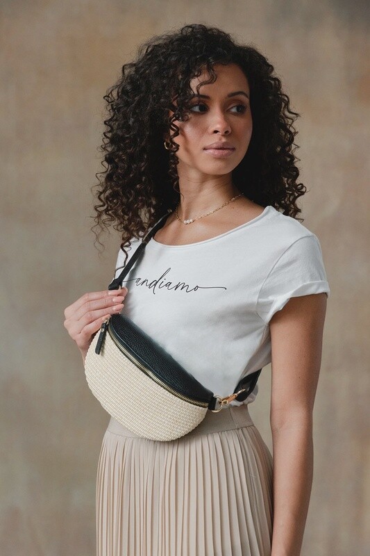 Liza Leather Raffia Sling Bag-Black
