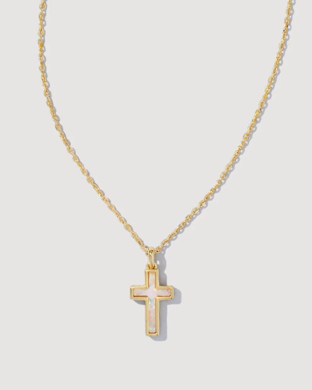 Cross Pendant Necklace-Gold White Opal