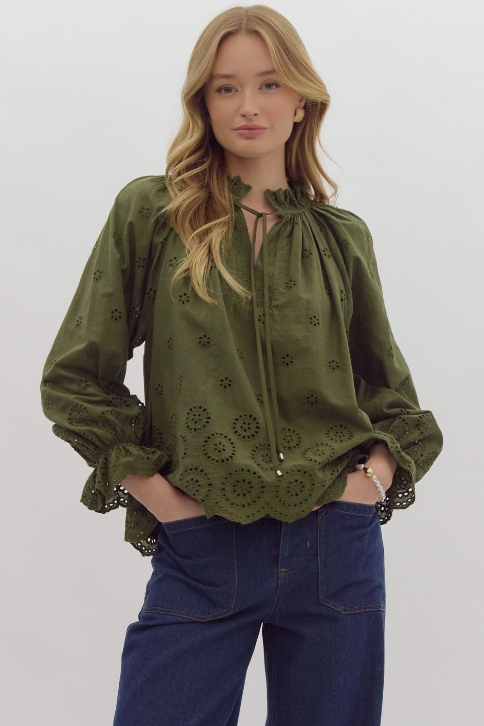 Olive Eyelet Top