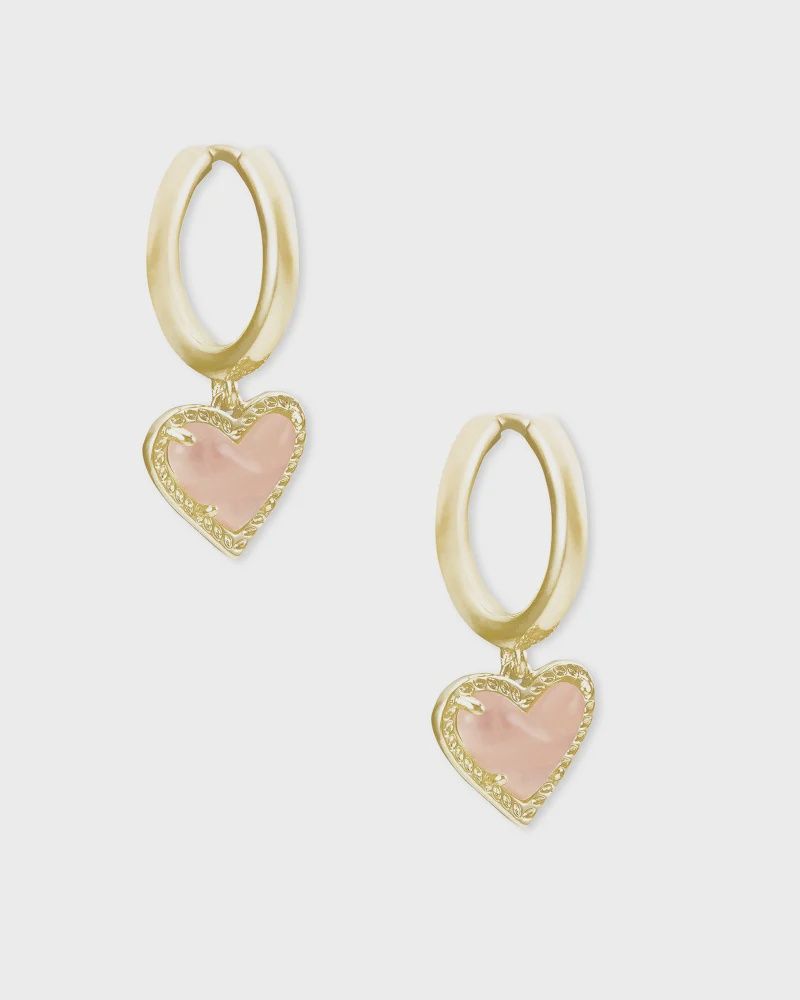 Ari Heart Huggie Earring-Gold Rose Quartz