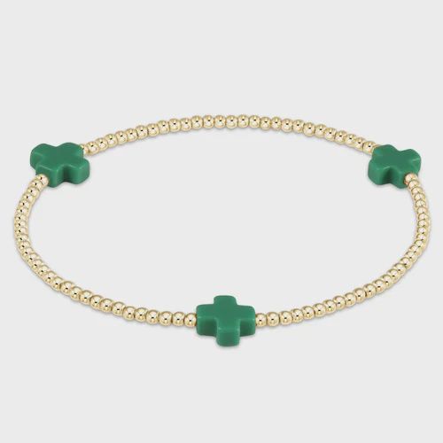 Signature Cross Small Gold Pattern 2mm Bead Bracelet-Emerald