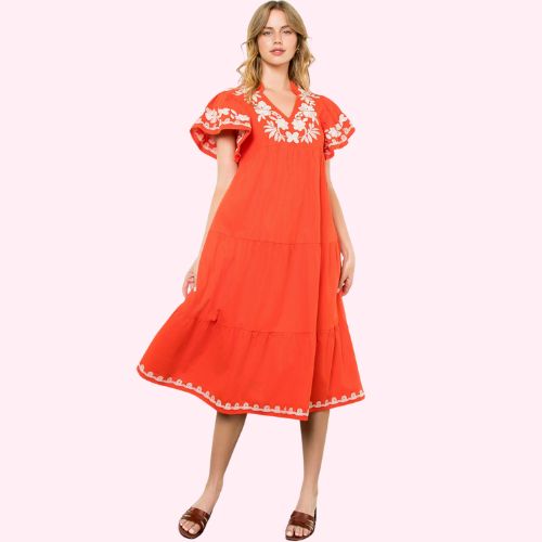 Flutter Sleeve Embroidered Dress