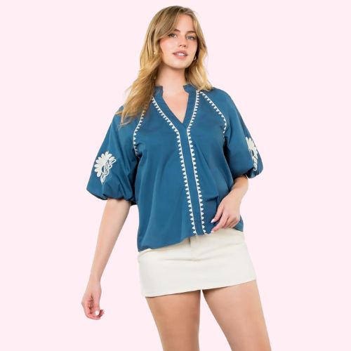 Blue Embroidered Sleeve Top