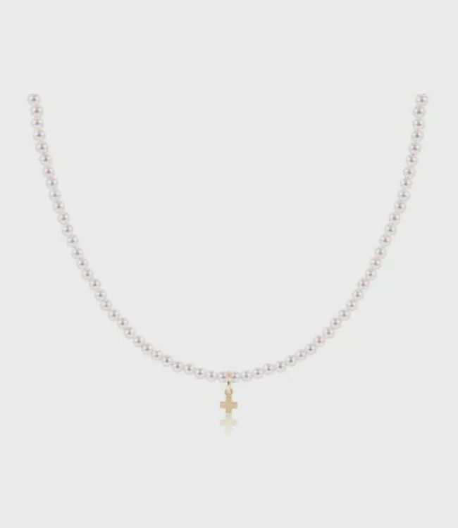 17&quot;Choker Classic Pearl 3mm Bead w/Signature Gold Gross Charm
