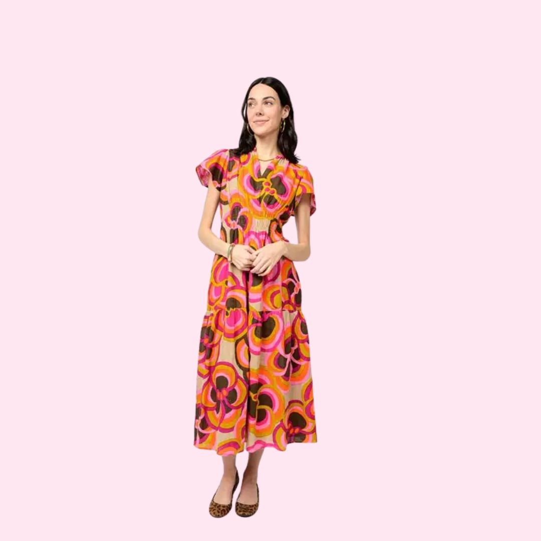 Bold Floral Midi Dress Khaki