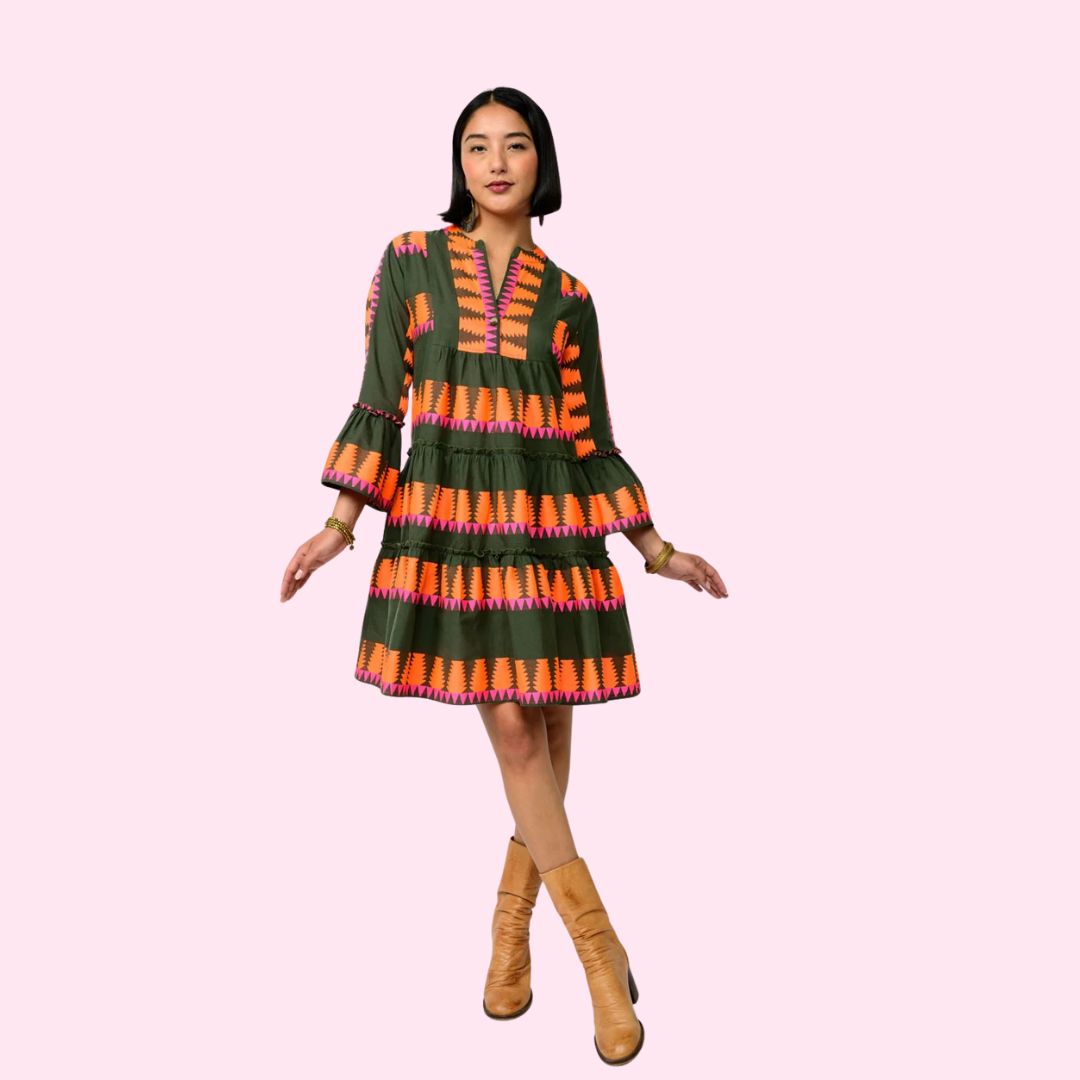 Dark Olive Jacquard Tiered Dress