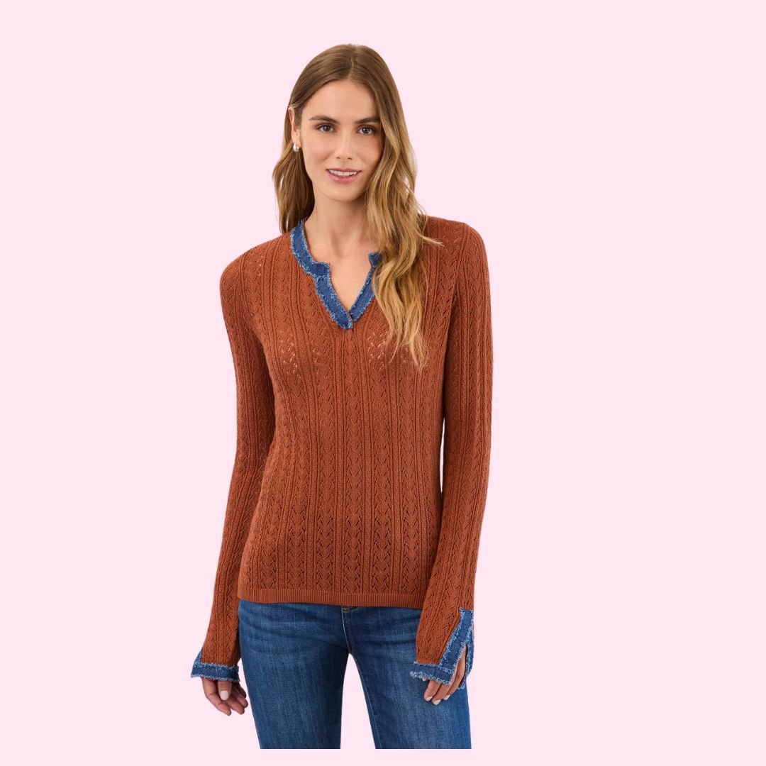 Warm Bronze Pointelle Fine Gauge Sweater