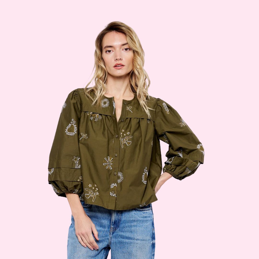 Olive Bubble Sleeve Button-Down Top