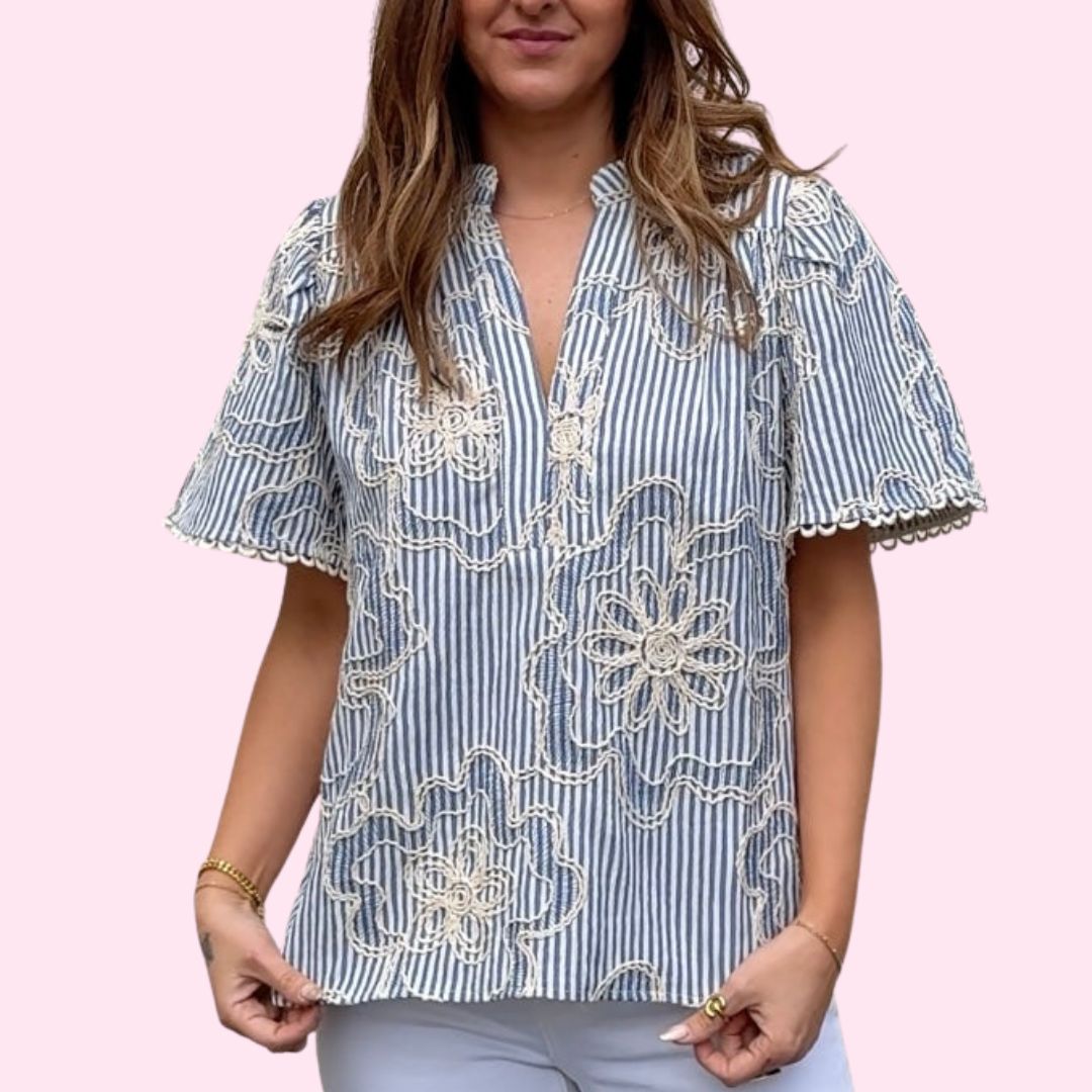 THML Short Sleeve Striped Floral Embroidered Top