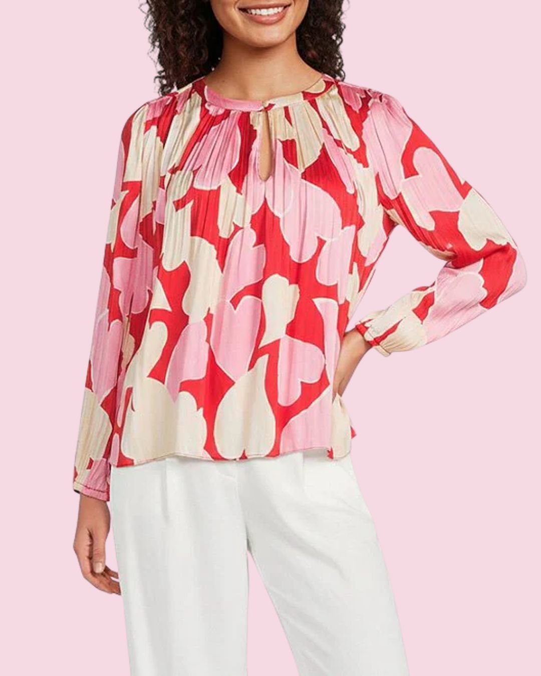 Current Air Pleated Satin Heart Print Blouse