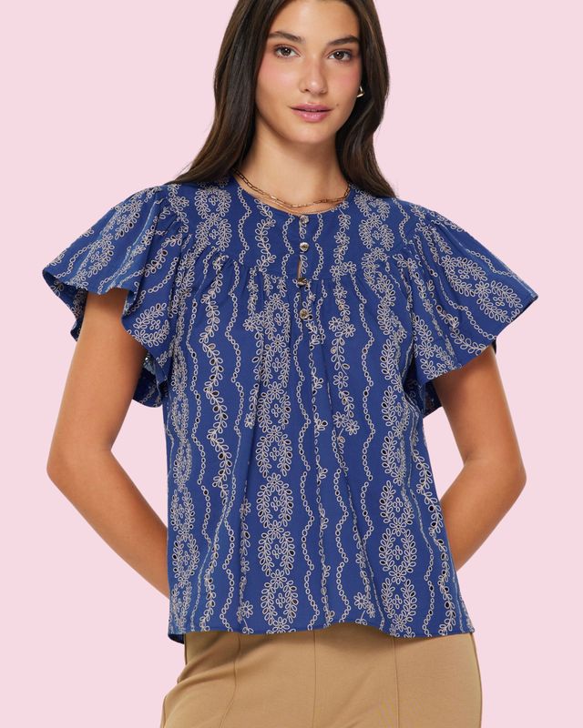 Current Air Berry Blue Embroidered Short Sleeve Top