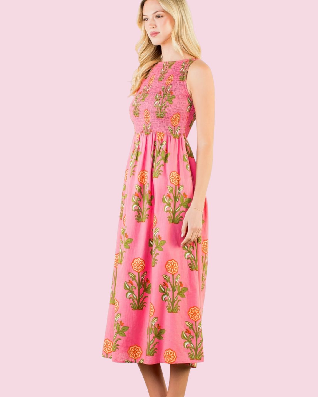 THML Sleeveless Smocked Midi Dress