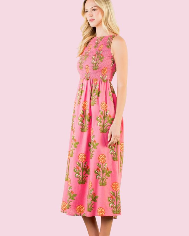 THML Sleeveless Smocked Midi Dress