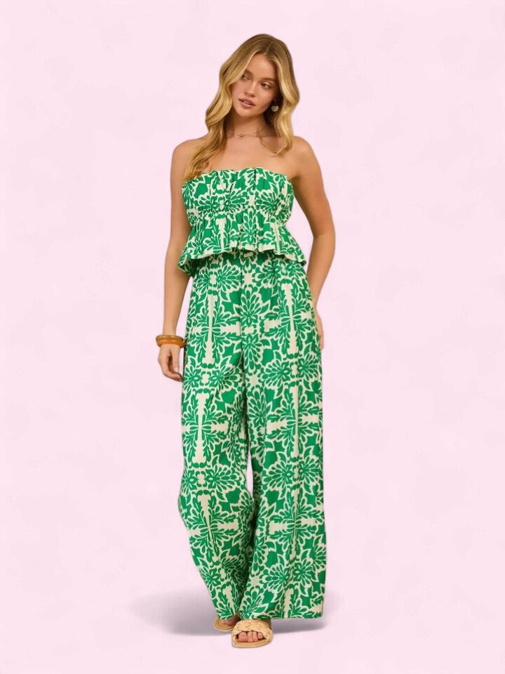 Skies are Blue Green/Ivory Strapless Jumpsuit