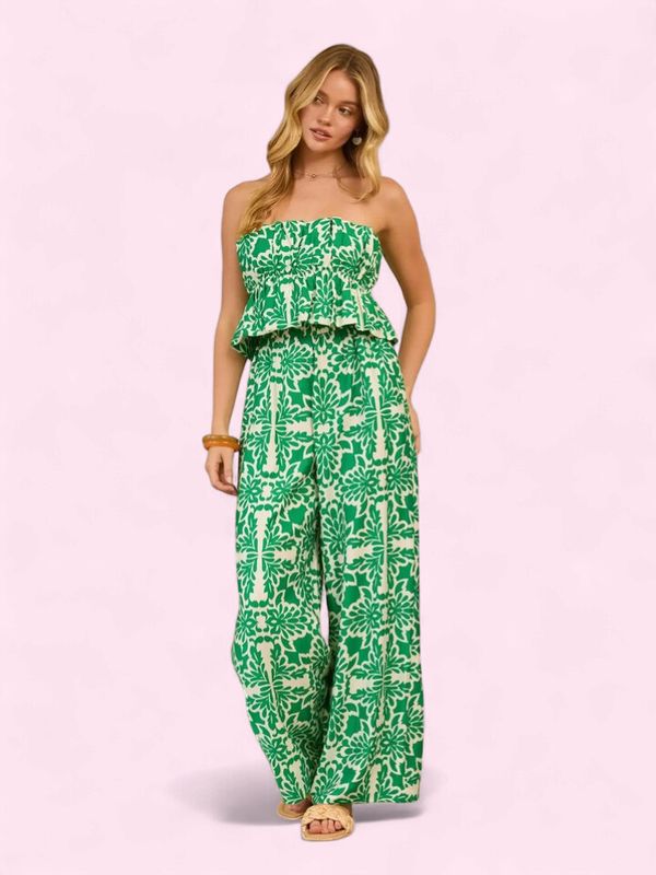 Skies are Blue Green/Ivory Strapless Jumpsuit