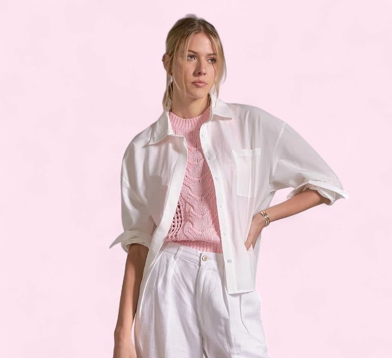 Elan White Button-Down Top w/Pleated Back