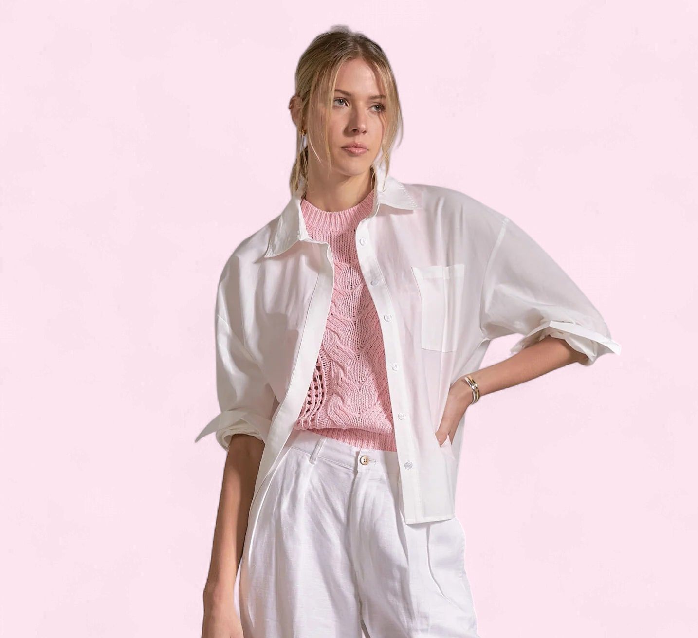 Elan White Button-Down Top w/Pleated Back