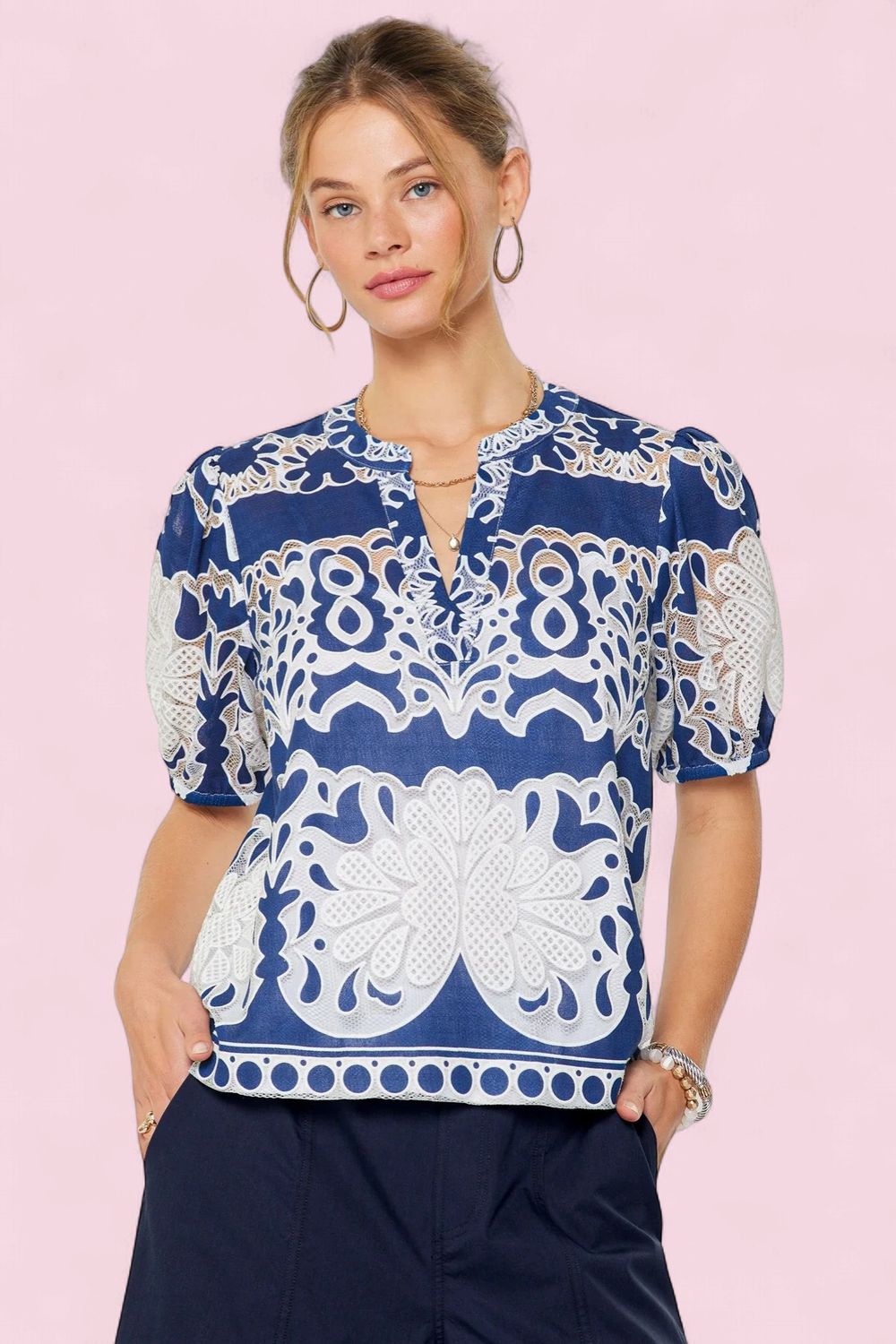 Emb Puff Sleeve Blouse