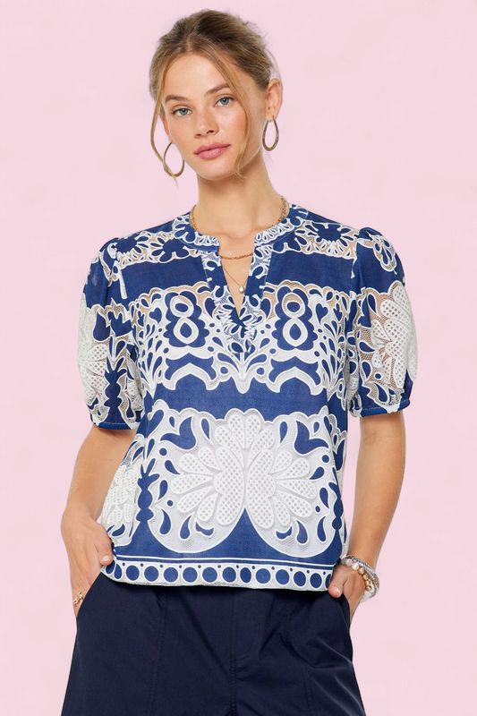 Emb Puff Sleeve Blouse