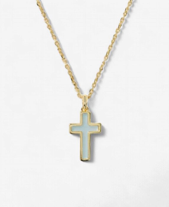 Cross pendant necklace-Gold Matte Light Blue Dichroic Glass