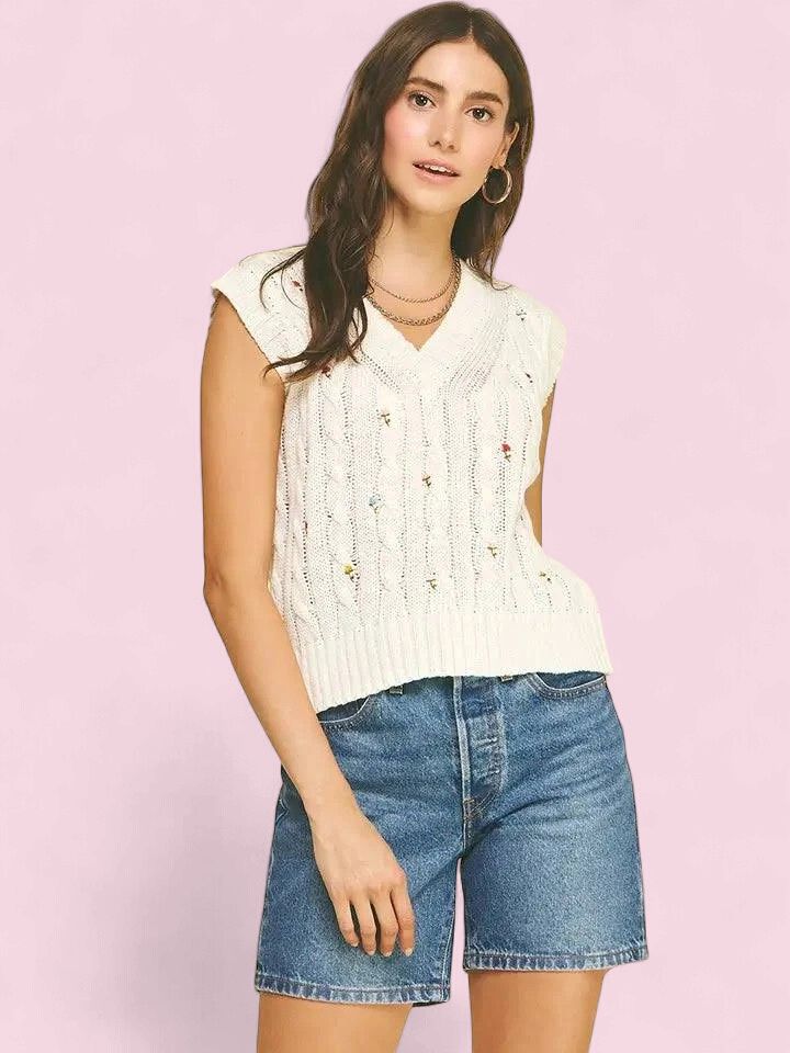 Pinch Floral Embroidered Cable Knit Sweater