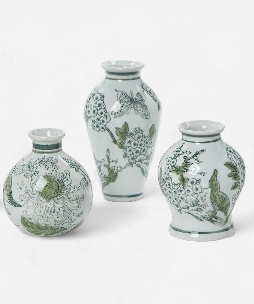 Green &amp; White Vase Set/3-Yatawara