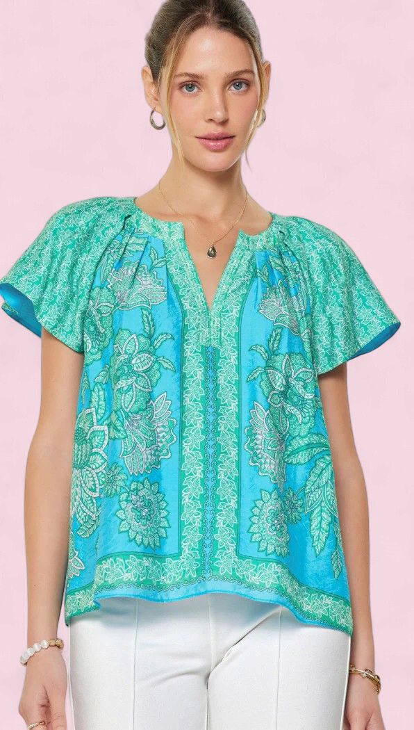 Current Air Aqua Blue Split Neck Top