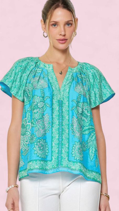 Current Air Aqua Blue Split Neck Top