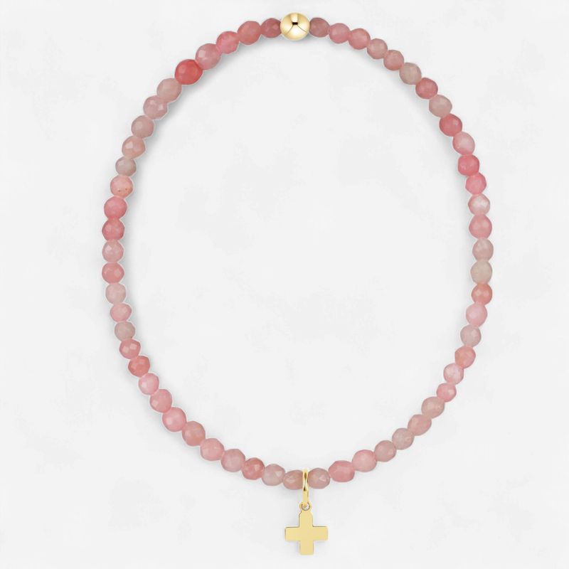 Classic Pink Opal 3mm Bracelet-Signature Cross Gold Charm