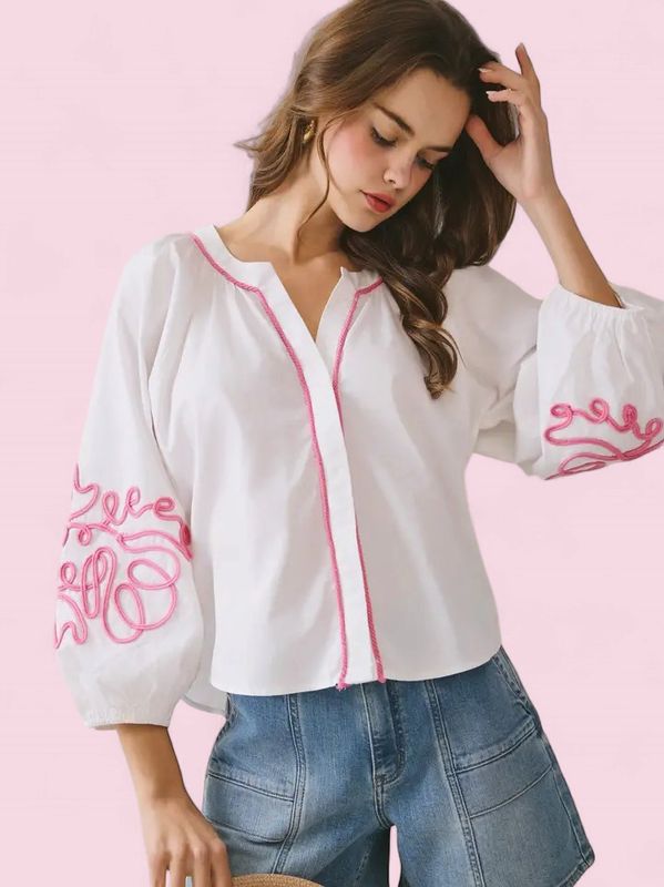 Embroidered Puff Sleeve Blouse