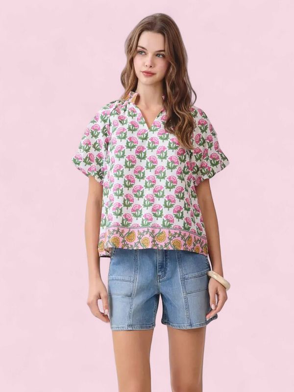 Floral Print Bubble Sleeve Top-Pink