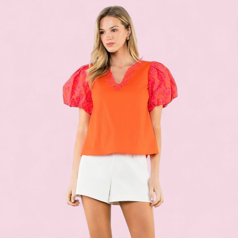 THML Orange Puff Sleeve Top