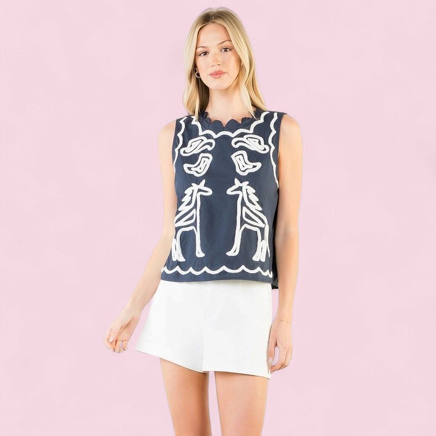 THML Sleeveless Embroidered Navy Top