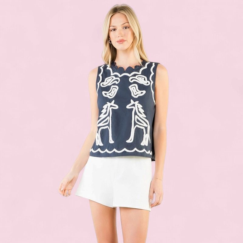 THML Sleeveless Embroidered Navy Top