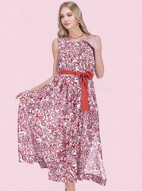 Joy Joy Crimson Vines Mini Pleated Dress