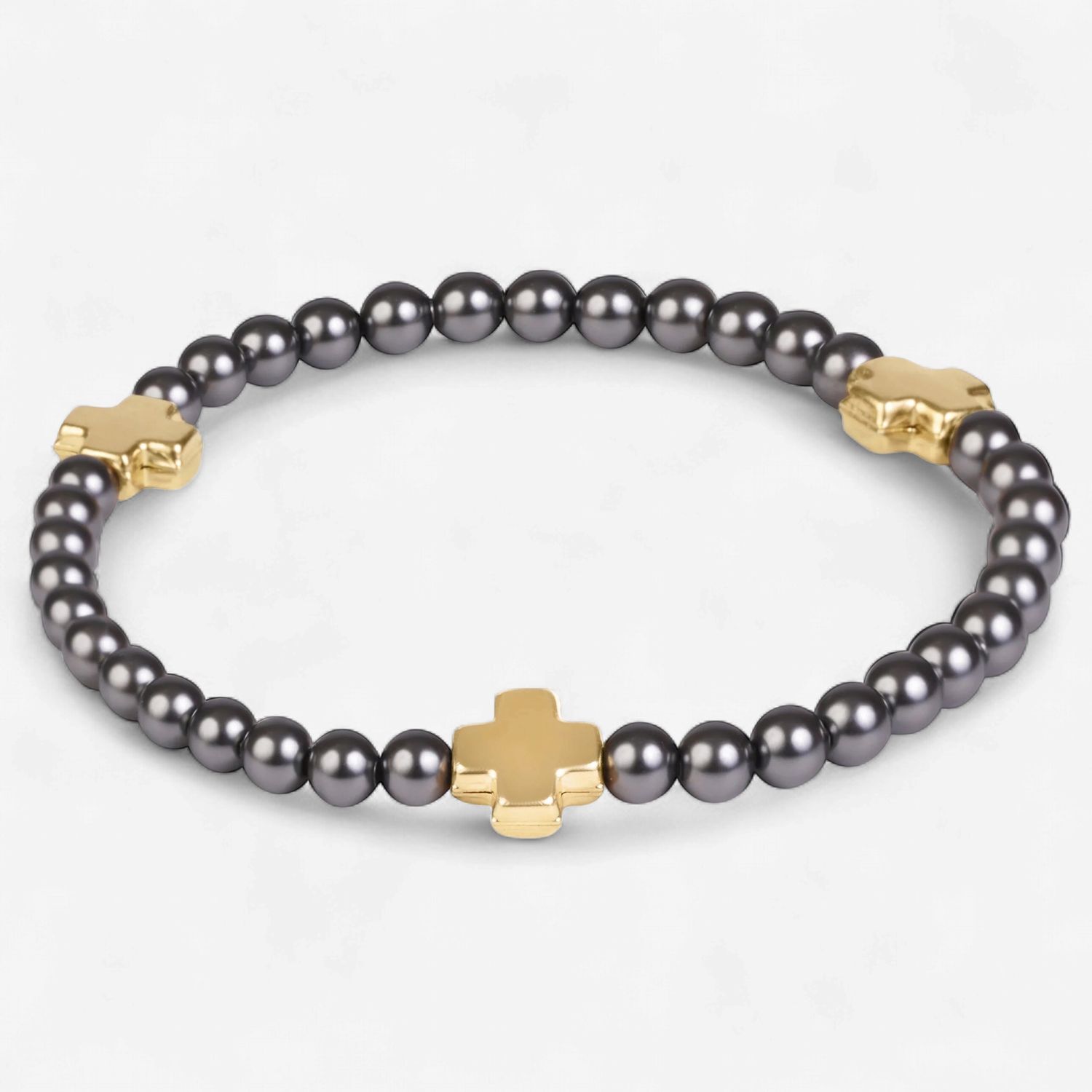 Signature Cross 4mm Pearl Dark Grey Bracelet-Gold