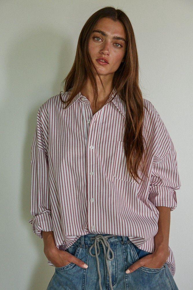 Vanessa LS Button Down Top, Color: Ivory Red, Size: SML