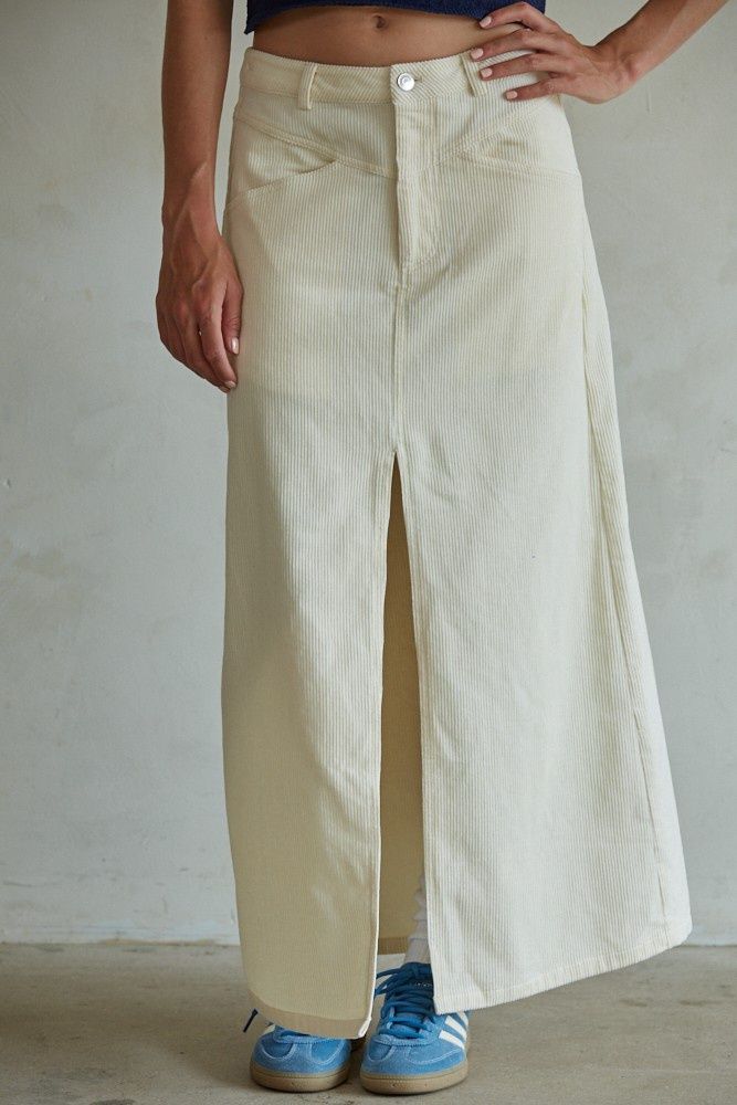 Step Up Corduroy Maxi Skirt, Color: Cream, Size: SML