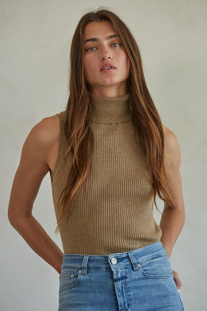 Lola Sleeveless Turtleneck Top, Size: SML, Color: Brown