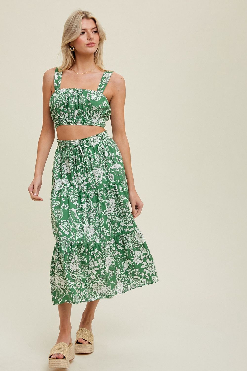 Shelly Floral Skirt Set, Color: Green, Size: SML