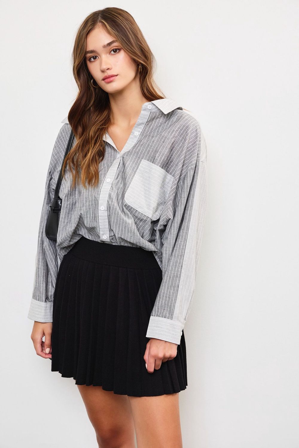 Say You Swear Stripe Button Up Top, Color: Grey Mix, Size: SML